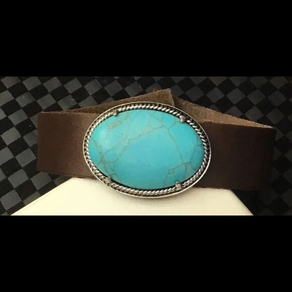 Oval Turquoise Gem Brown Leather Band Bracelet - Picture 2 of 3